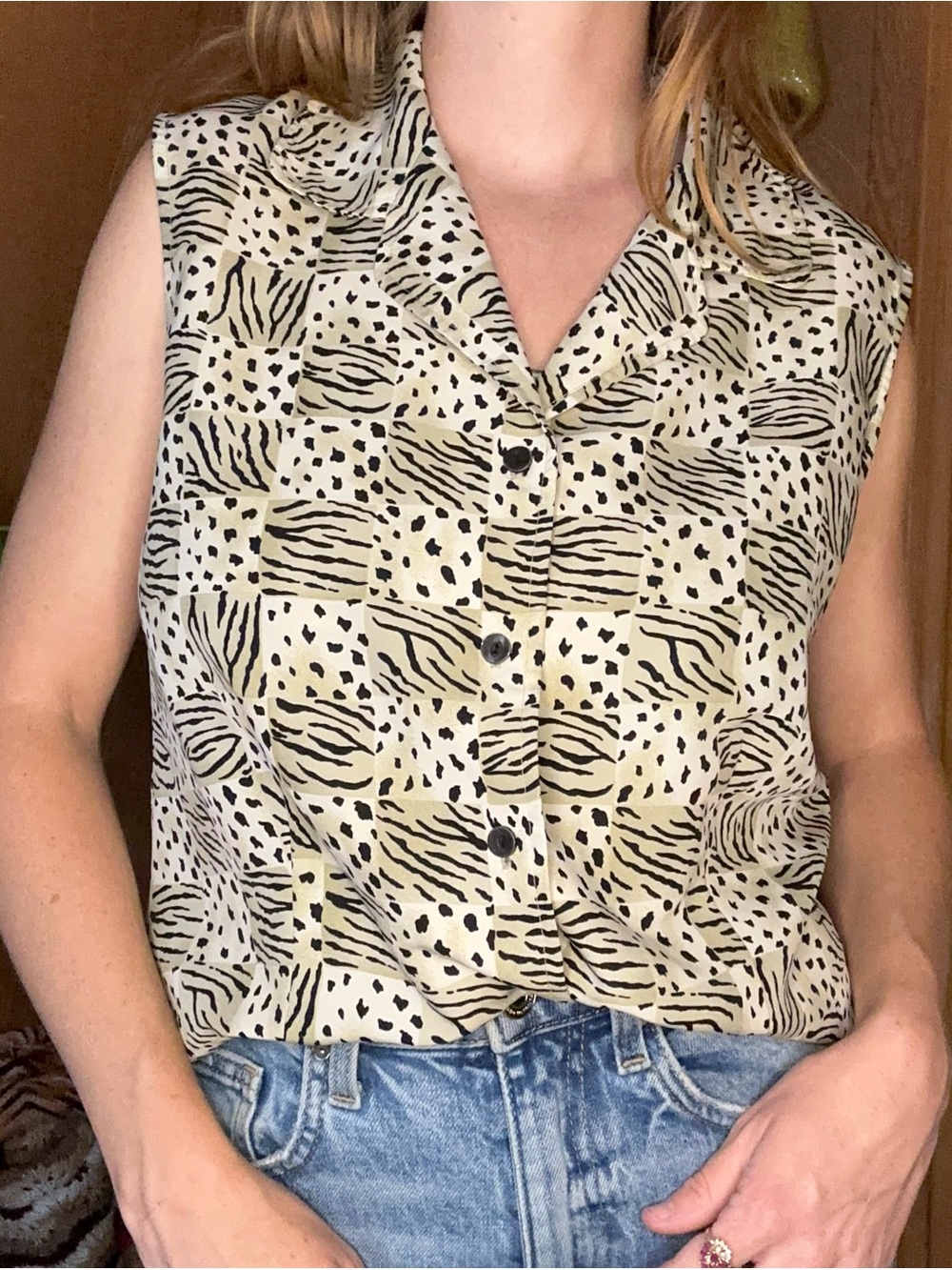 Vintage 1990s Notations Petite Animal Print Button-Up Blouse